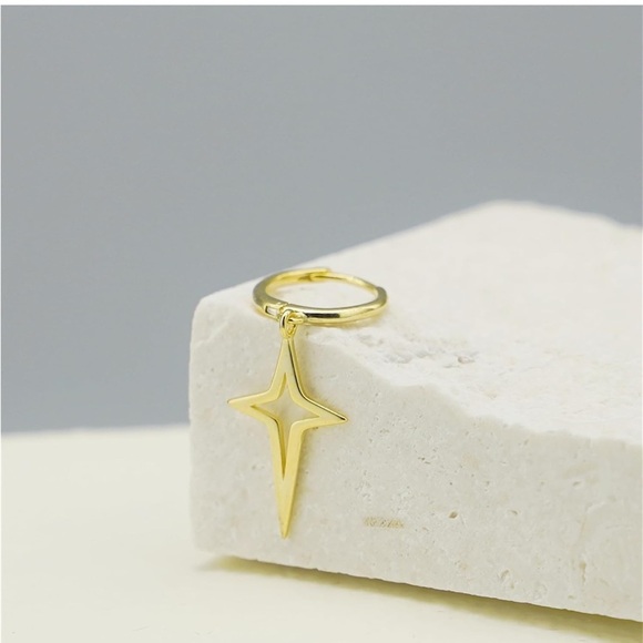 Sterling Silver Hinged Hoop 4 Point Star Cross Drop Hoop Earrings - Picture 2 of 6